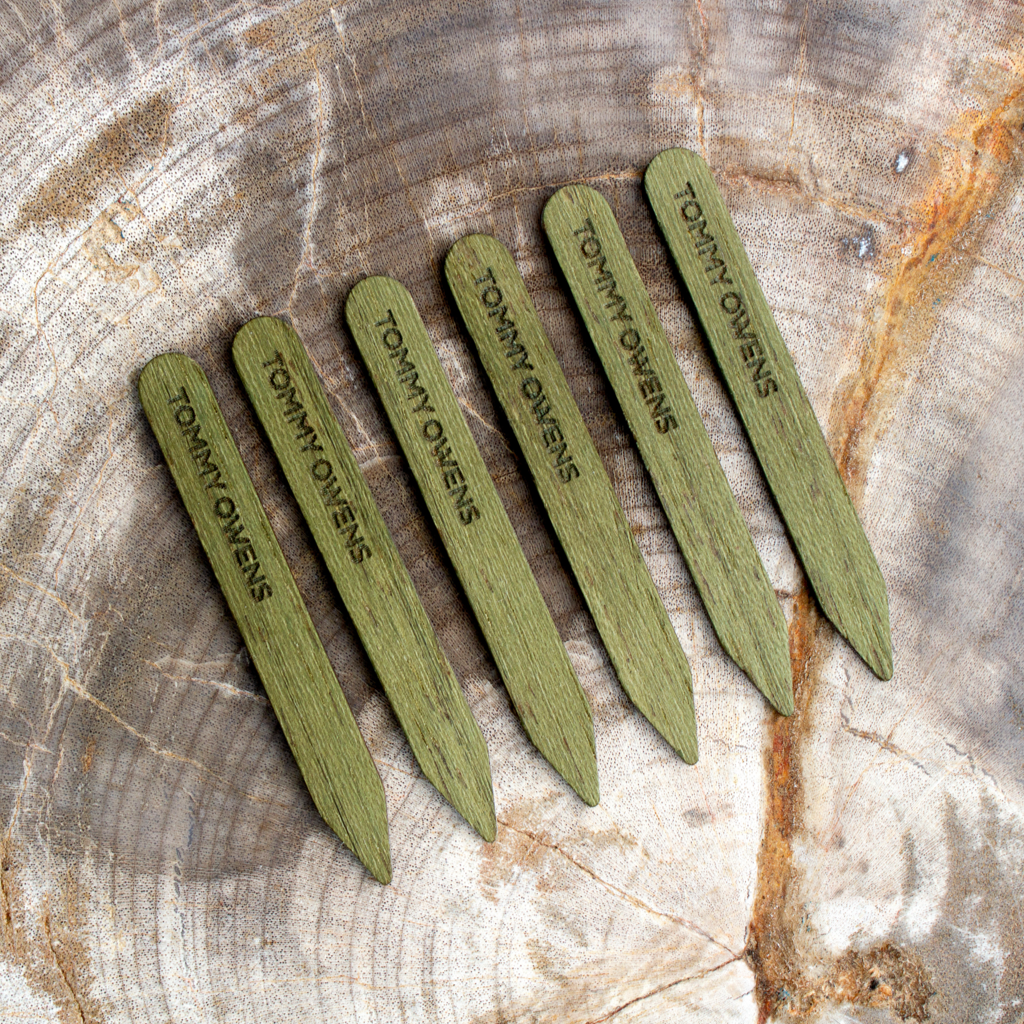 Unique green koto collar stays neatly arranged, showcasing their distinctive color and subtle grain.