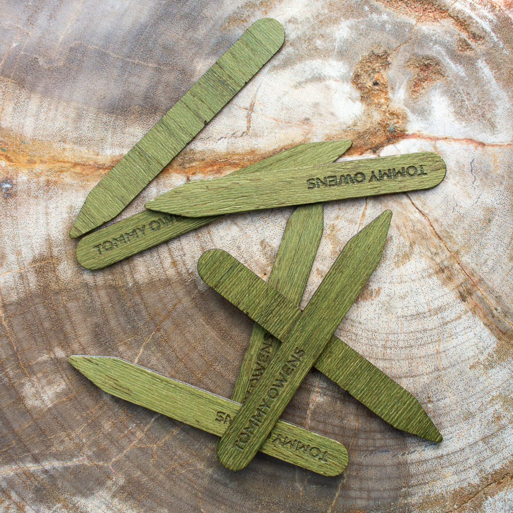 Green koto collar stays scattered on a bed of moss, highlighting their natural color and connection to the environment.